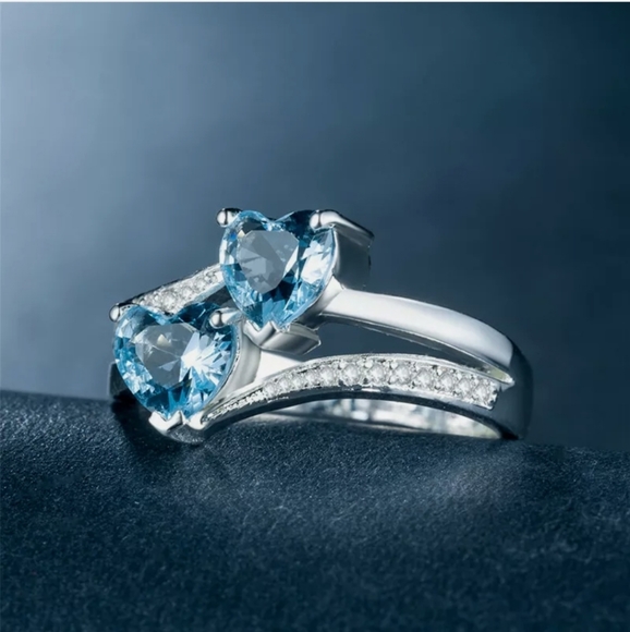 New Sky Blue Hearts Wedding/Engagement Ring - Picture 2 of 6